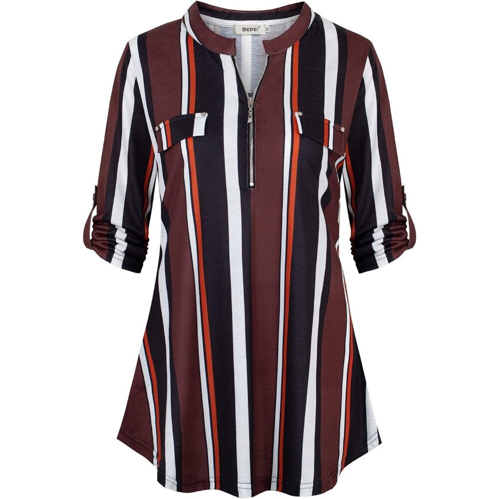 Women Coffee Stripe 3/4 Sleeve Shirts Zip up V Neck Work Chiffon Blouses Top